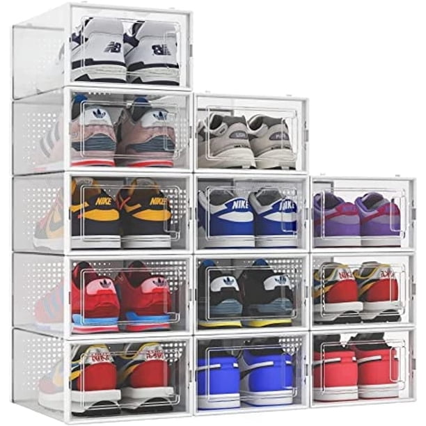 Cajas organizadoras de zapatos, paquete de 12, contenedores de almacenamiento de zapatos apilables de plástico negro para armario, vitrina para zapatillas que ahorra espacio, contenedores para