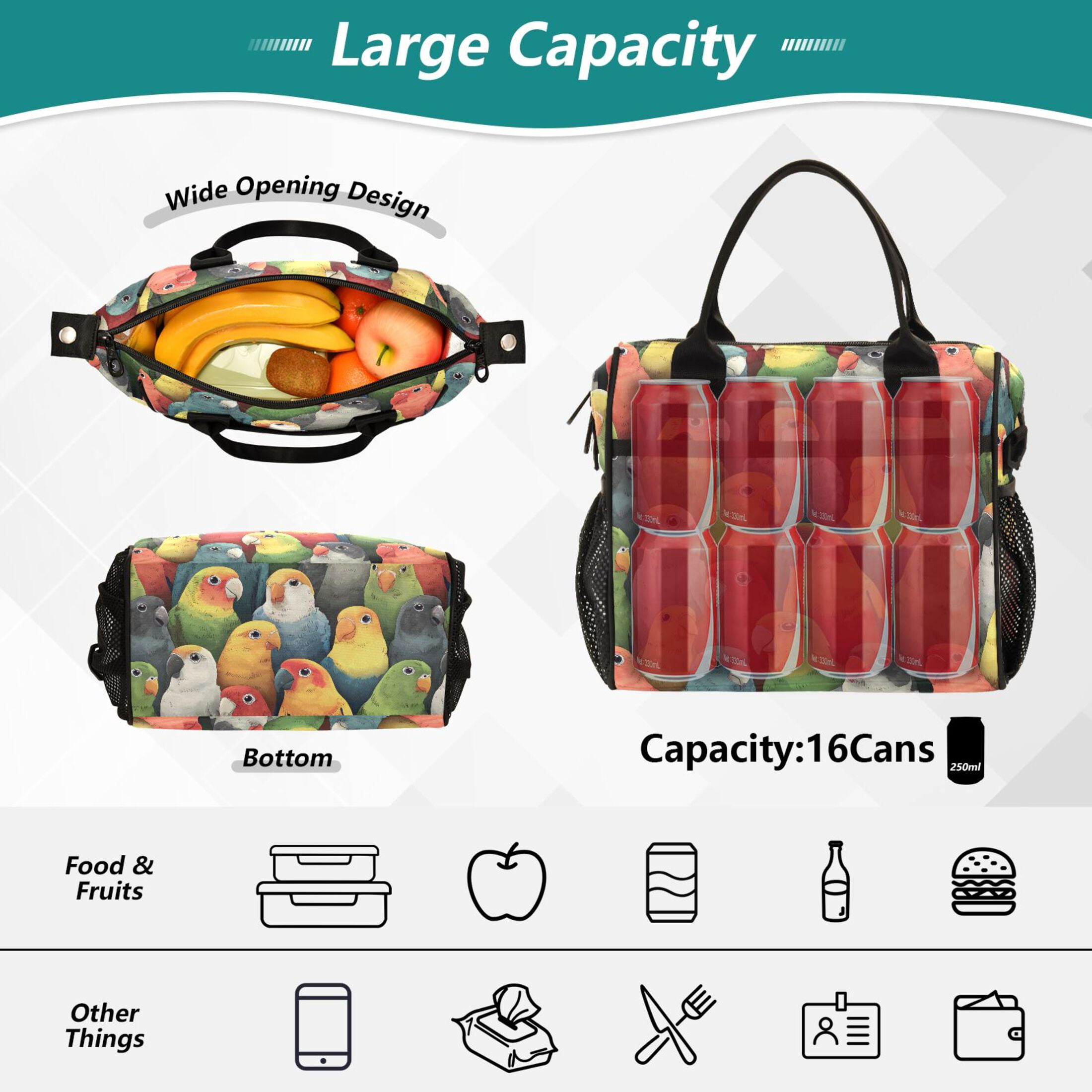 ALAZA Doodle Parrot-1 Print Cooler Lunch Bag Insulated Reusable