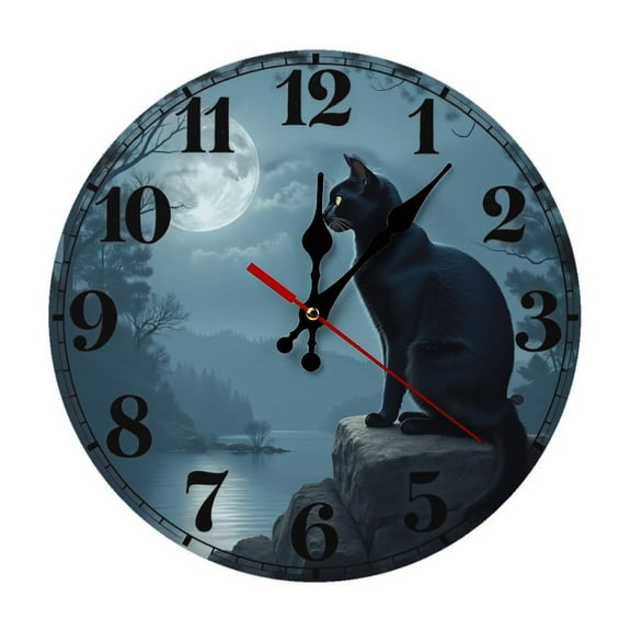 Black Cat Full Moon Night Wall Clock 10 Inch Silent Non Ticking Round Wooden Clock Decoration for Living Room Kitchen Bedroom Bathroom Office Classroom