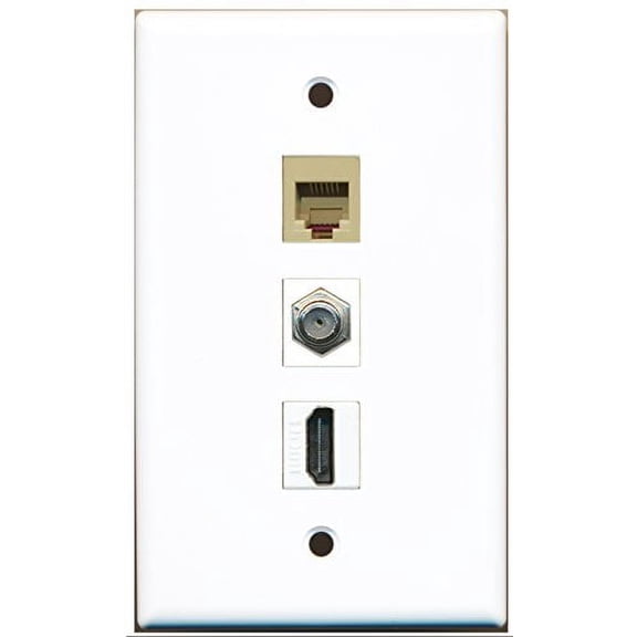 RiteAV - 1 Port HDMI and 1 Port Coax Cable TV- F-Type and 1 Port Phone RJ11 RJ12 Beige Wall Plate