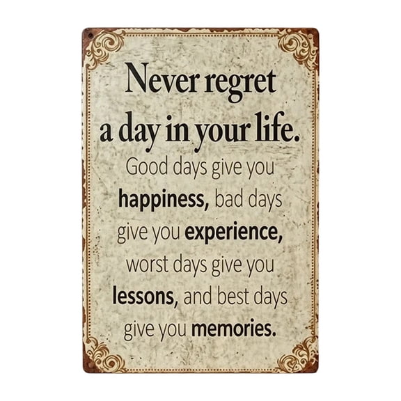 Kojanyu Vintage Inspirational Metal Sign, "Never Regret a Day" Motivational Quote Wall Art for Home Bedroom Living Room Office.