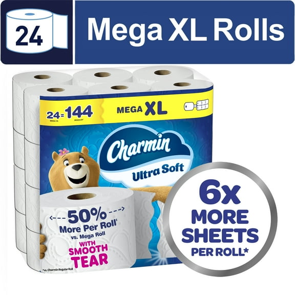 Charmin Toilet Paper Ultra Soft, 24 Mega XL Rolls, 2-Ply Bath Tissue