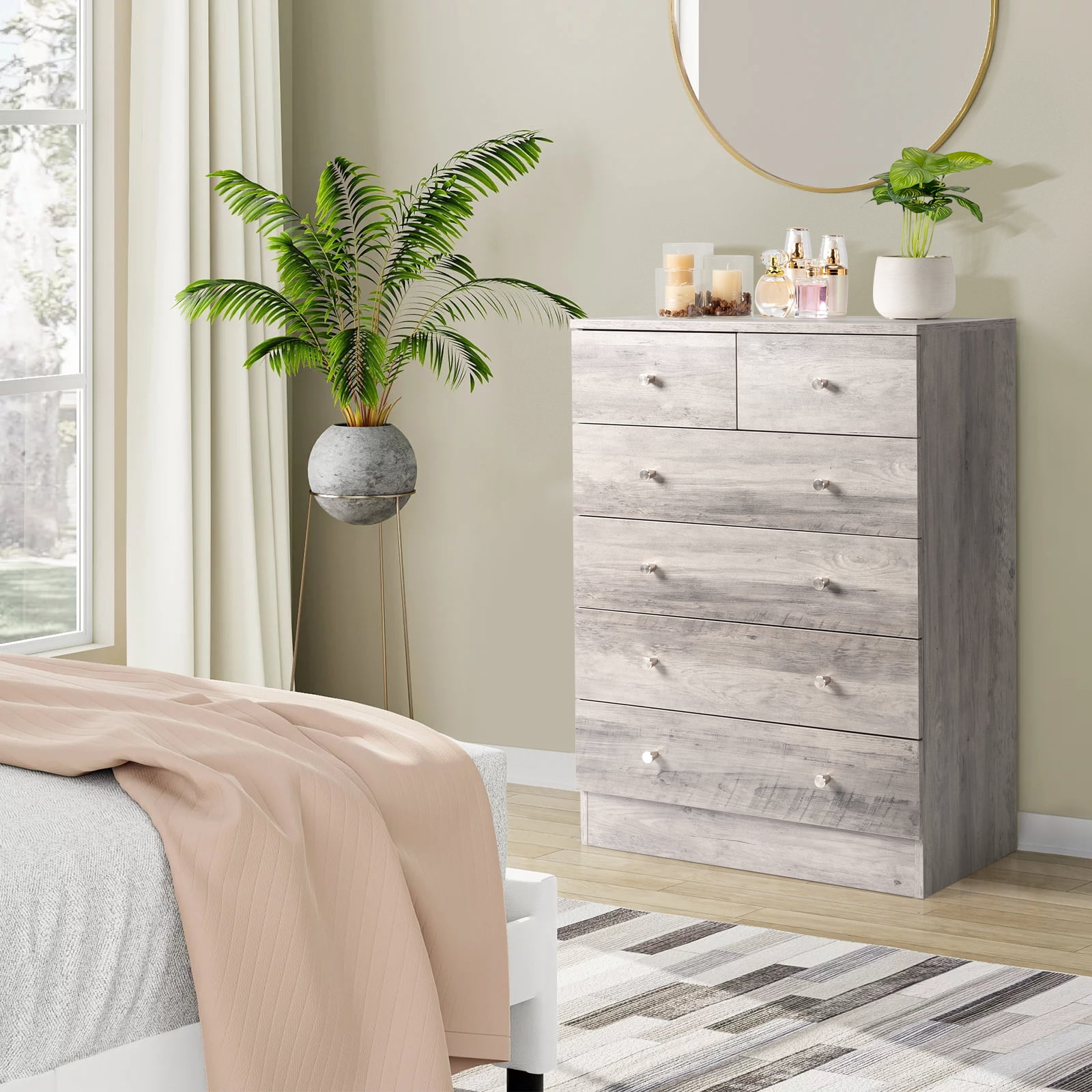 Modern Simple 6-Drawer Dresser Particle Board For Family Room Bedroom & Living Room Space-Saving Storage & Decor​ Gray