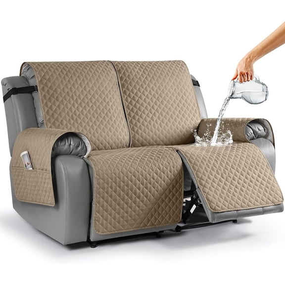 Waterproof 2-Seater Recliner Loveseat Cover, Split Sofa Slipcover with Elastic Straps and Non-Slip Backing, Washable Furniture Protector for Kids and Pets