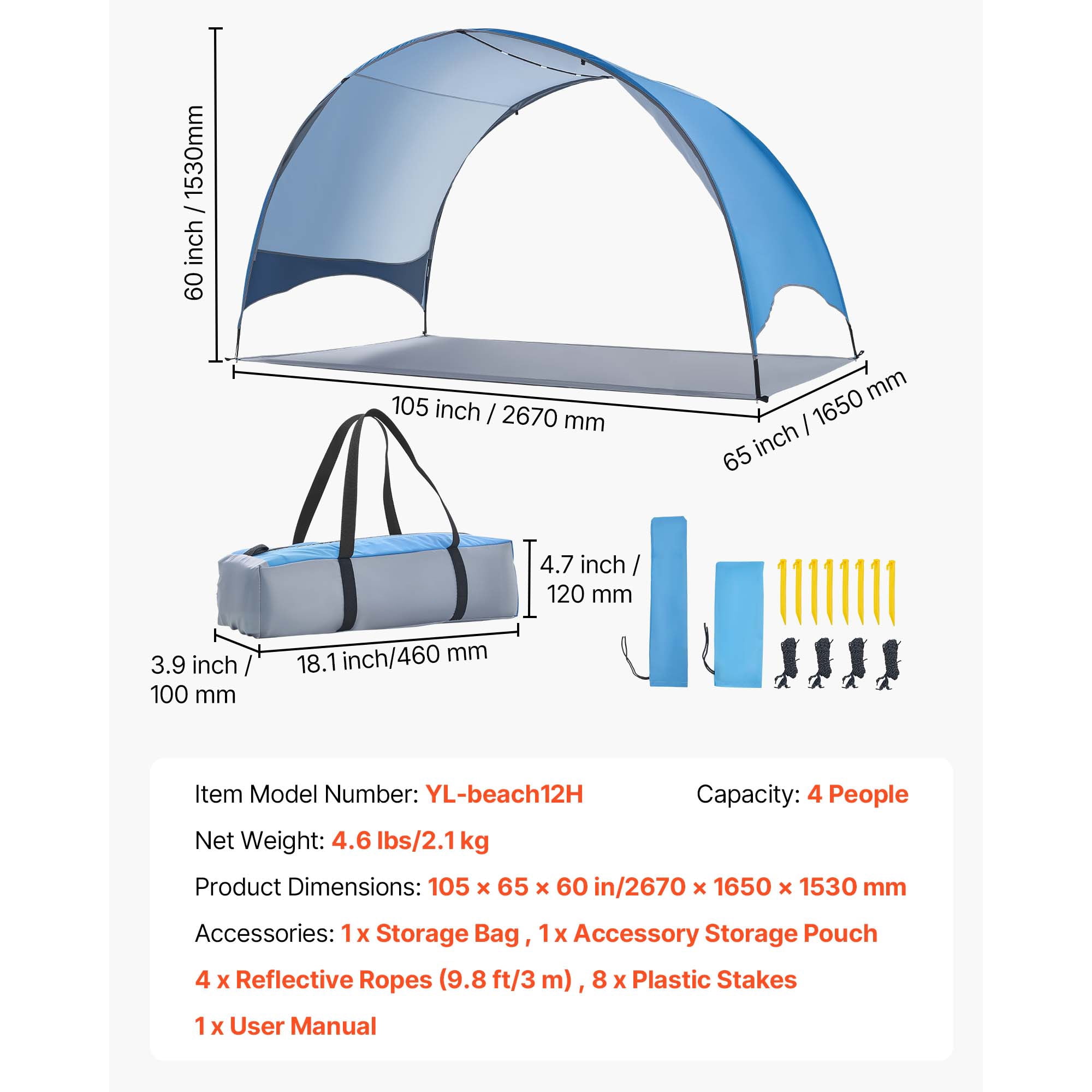 KFFKFF Beach Tent Sun Shelter for 4 People, UPF 50+ Protection, Portable Sun Shade Canopy with Carry Bag & Ground Stakes, Lightweight and Simple Setup for Camping, Fishing, Outdoor Picnics