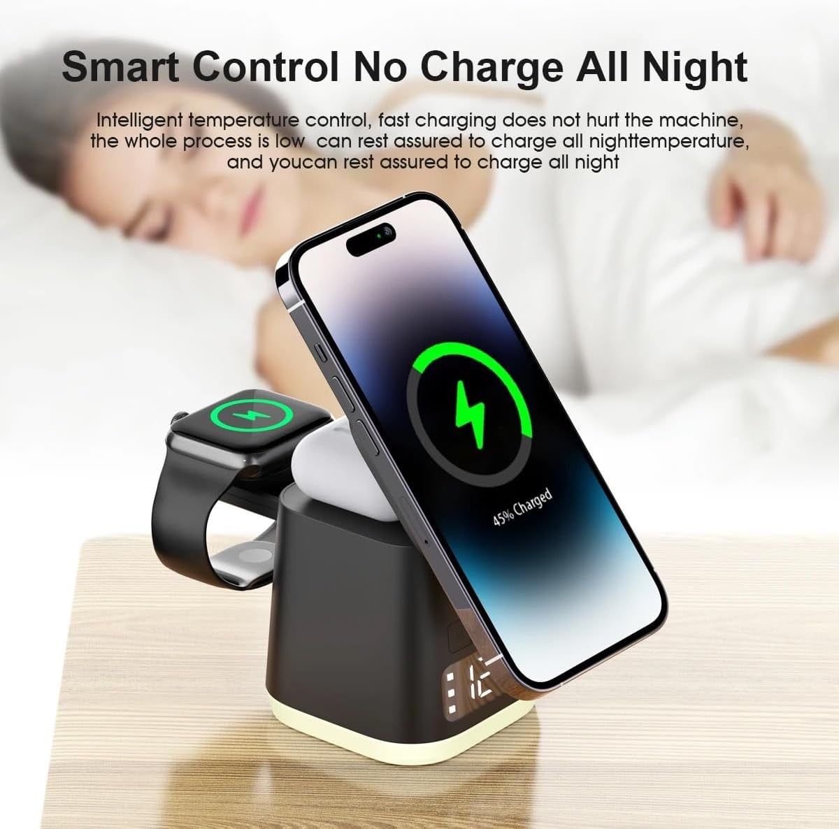 Wireless Charger- iPhone and Samsung with Alarm Clock, and Night Lights 6-in-1 The Latest 2024 Stylish