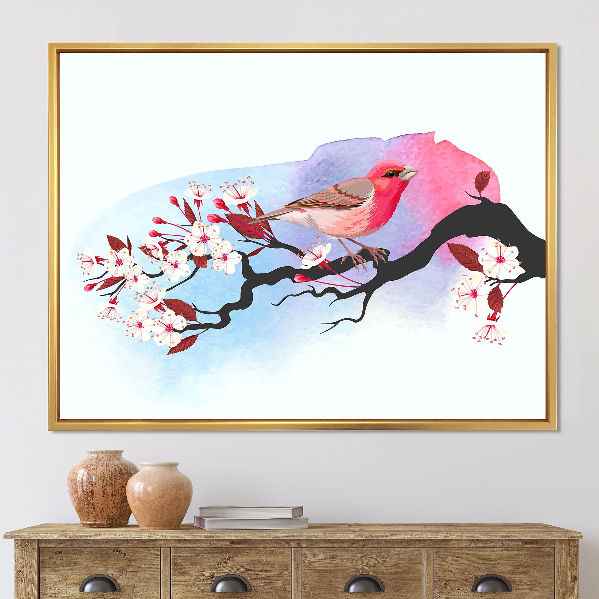 Designart 'Pink Bird Sitting On Cherry Branch' Traditional Framed Canvas Wall Art Print