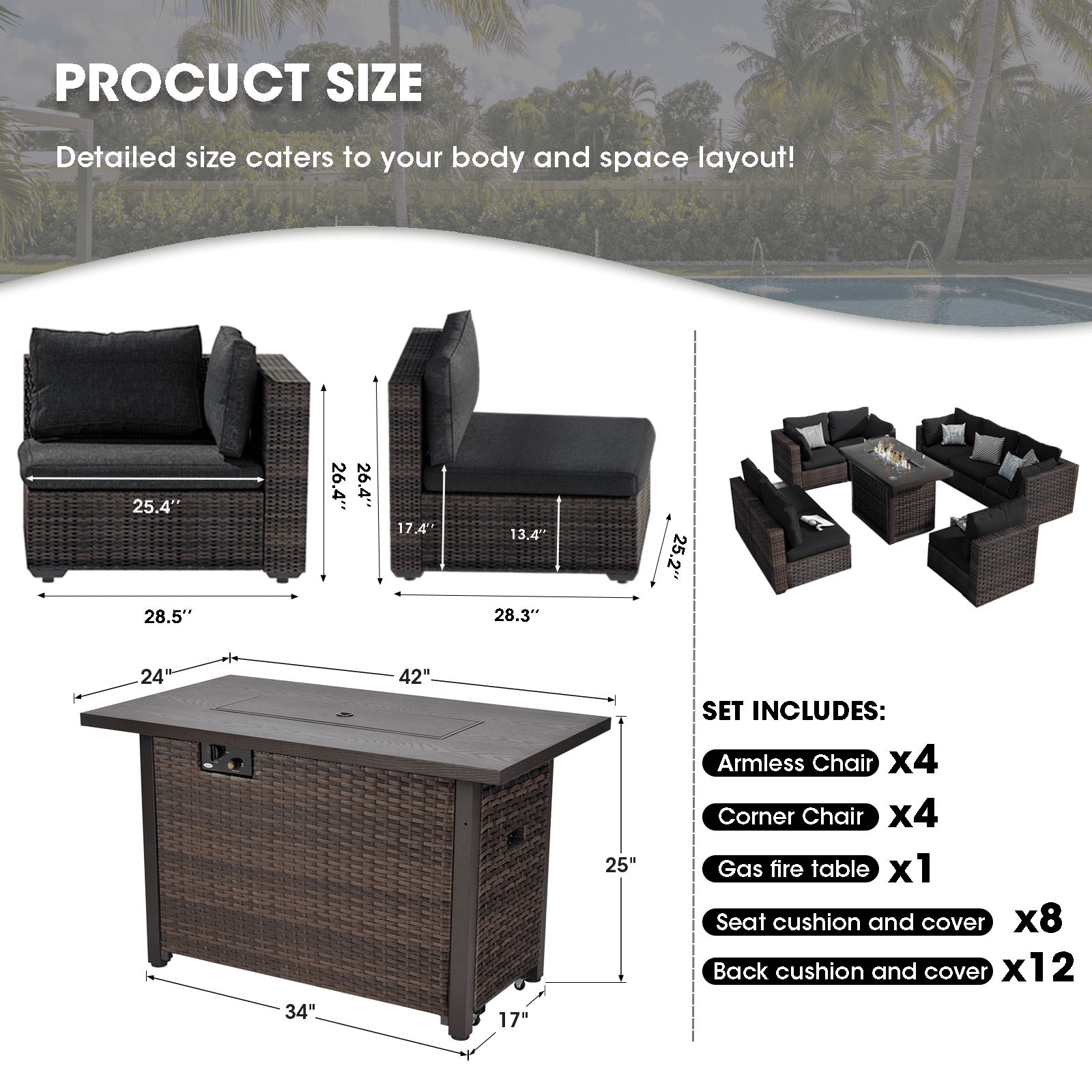 Gaildon 7 Piece Patio Furniture Set with Fire Pit Table, All Weather Outdoor Sectional PE Rattan, Patio Conversation Sets with Cushions for Garden Lawn Balcony Porch Deck, Black