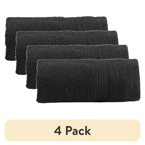 (4 pack) Mainstays Performance Cotton Washcloth, Super Soft Quick Dry Fade Resistant, Solid Black