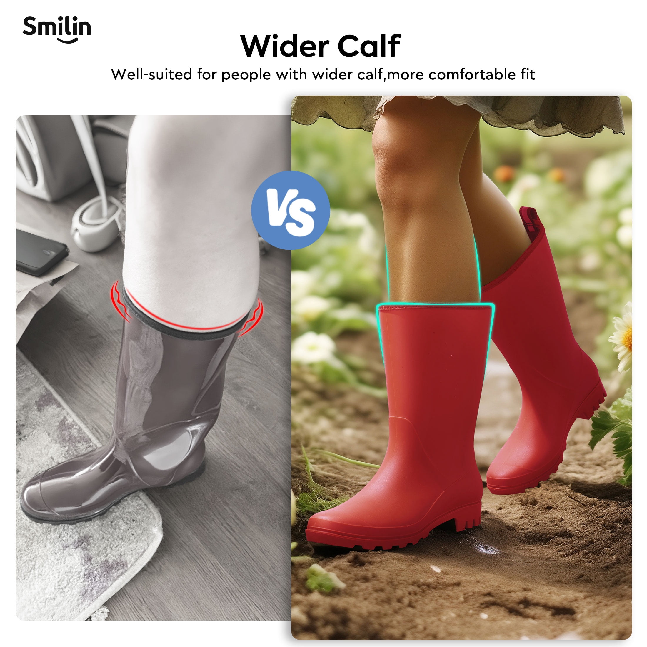 SMILIN Rubber Wide Calf Rain Boots for Women, Red, Size 8