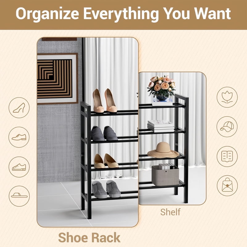 4-Tier Shoe Rack and Upholstered PU Leather Shoe Bench Set of 2, Carbon Steel Free Standing Shoe Storage Shelf