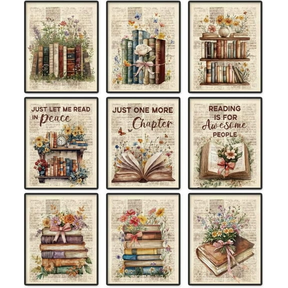 9 Pack Unframed Waterproof Canvas Wall Art Decor Vintage Newpaper Background Flower Books 8" x 10" Canvas Wall Poster