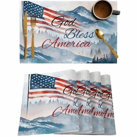 

July 4th USA Flag God Bless Placemats Set of 4 Wipeable Washable Table Mats for Dining Tables Mountain Forest Place Mats for Kitchen Event Party Tabletop Decor