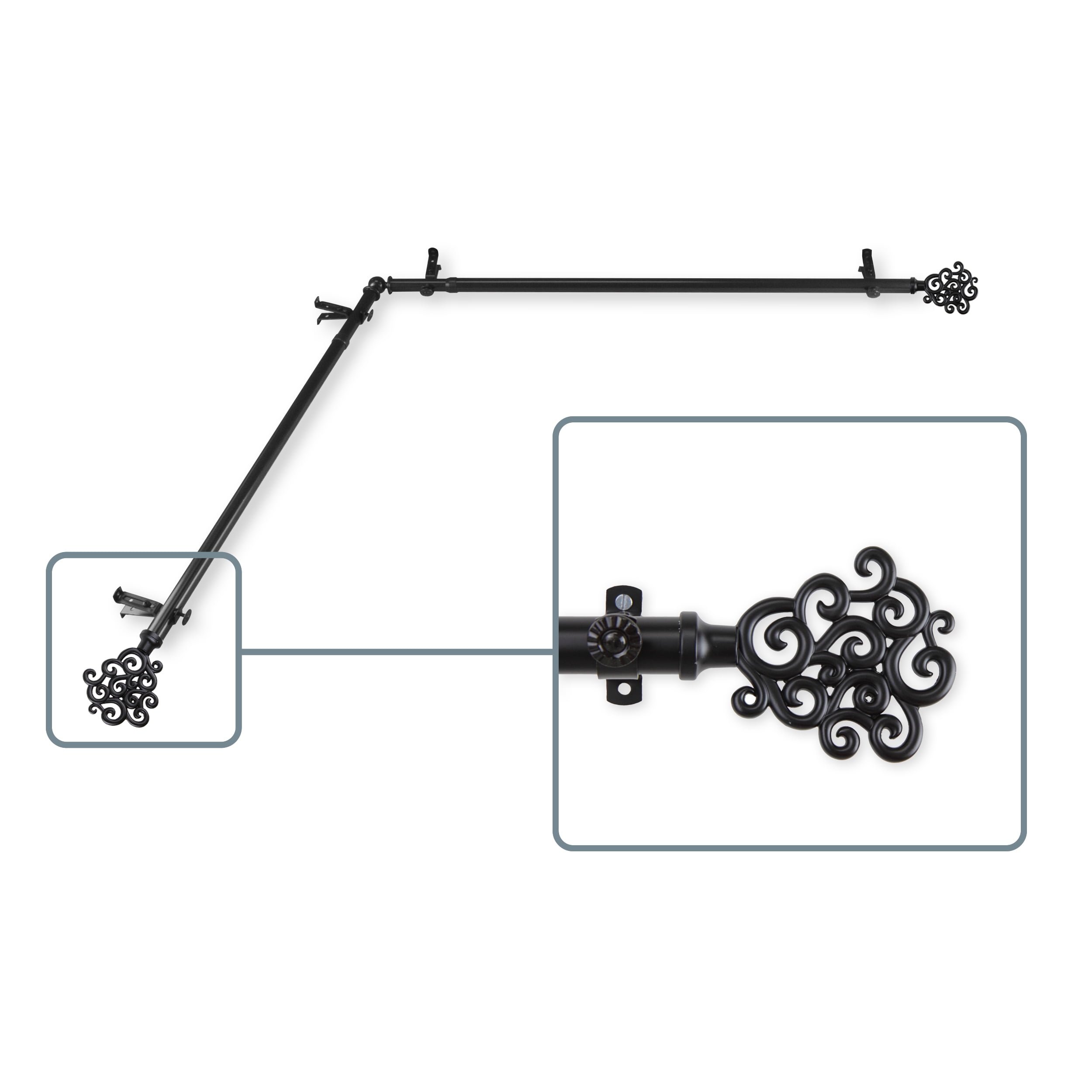 Fabritio 13/16 inch Corner Window Curtain Rod 120-170" - Black