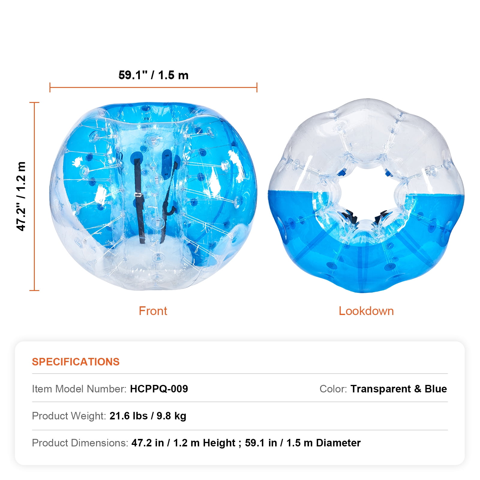 KFFKFF Blow-up Bumper Sphere Single Pack, 5FT/1.5M Dimension for Adolescents & Grown-ups, 0.8mm PVC Thickness Human-Sized Hamster Orb for Outside Group Recreational Activity