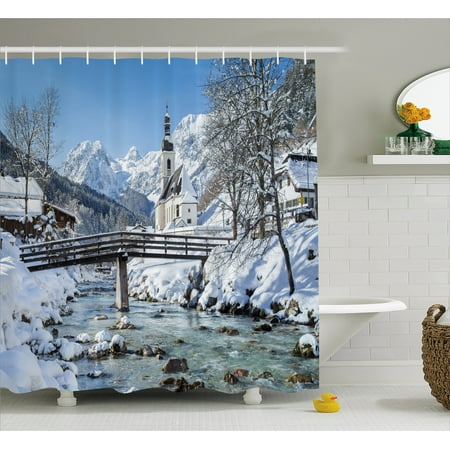 Winter Shower Curtain, Panoramic View of Scenic Landscape in Bavaria Parish Church of St. Sebastian, Fabric Bathroom Set with Hooks, 69W X 70L Inches, Blue Brown White, by