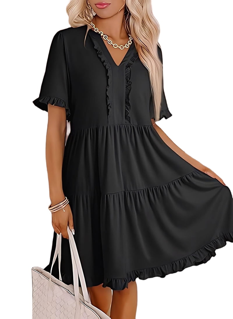 Womens Dresses 2025 Summer Spring V Neck Short Sleeve Casual A Line Flowy Swing Shift Dress Mini Dress Black S