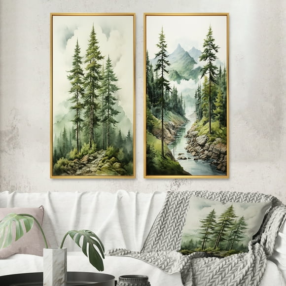 Designart "Green Pine Tree magic Guardians II" Tree Pine Framed Wall Art Set Of 2 - Green Floral Gallery Wall Frame Set For Home Decor