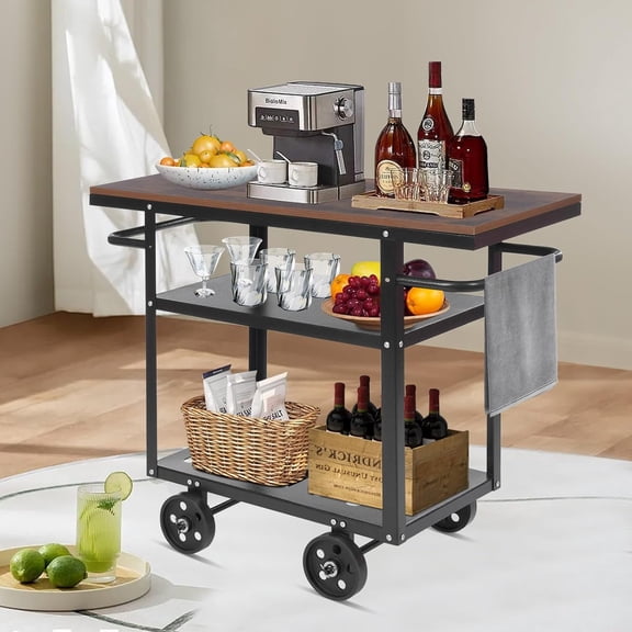 3 Tier Rolling Bar Cart, Industrial Mobile Serving Cart Vintage Bar Cart Kitchen Storage Utility Cart Trolley Coffee Cart Tea Cart Floor Standing for Kitchen Bar Office Coffee House