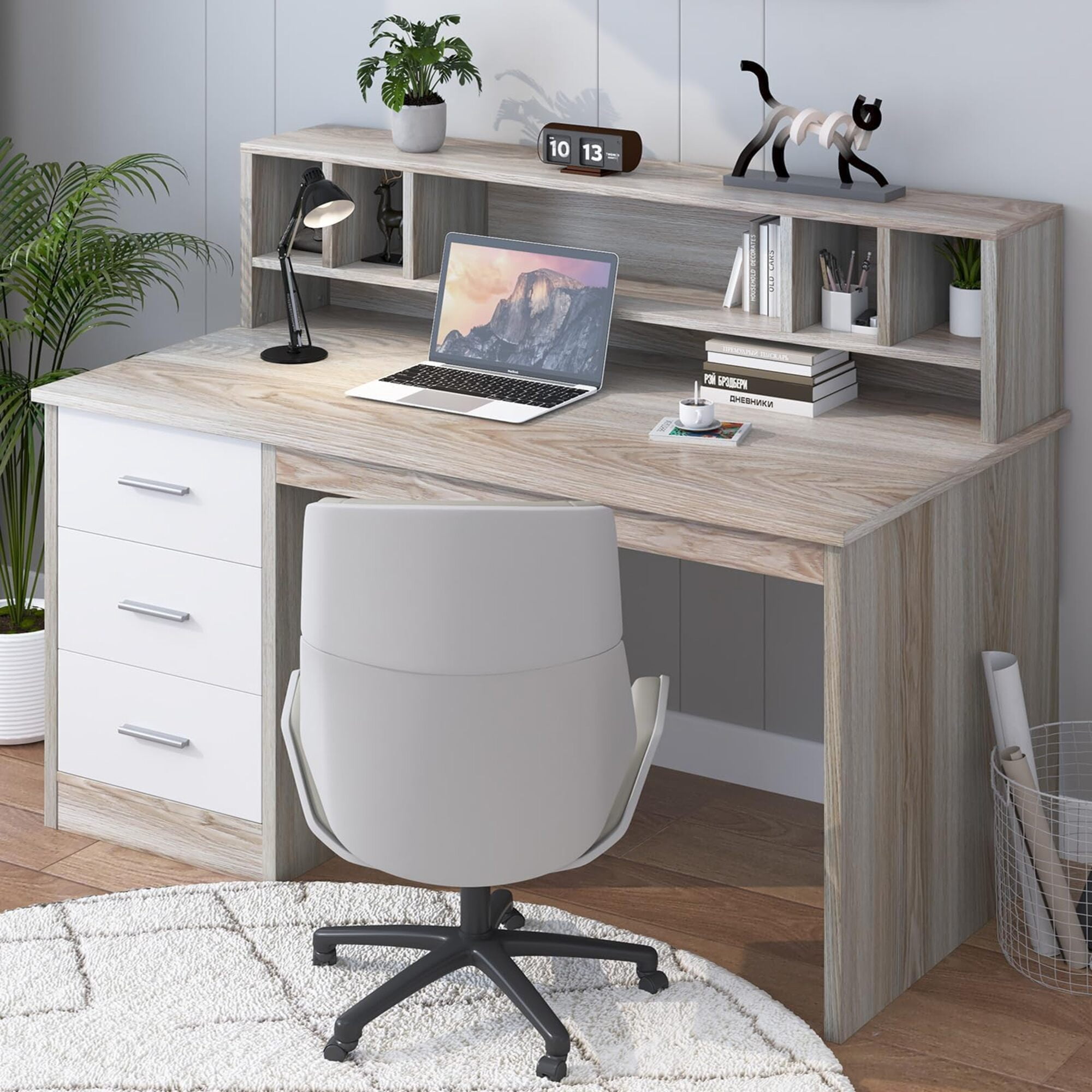 46-Inch Home Office Desk with Hutch & 3 Storage Drawers, Natural Wood Finish, Small Space Writing Study Table for Home Office/Study Room
