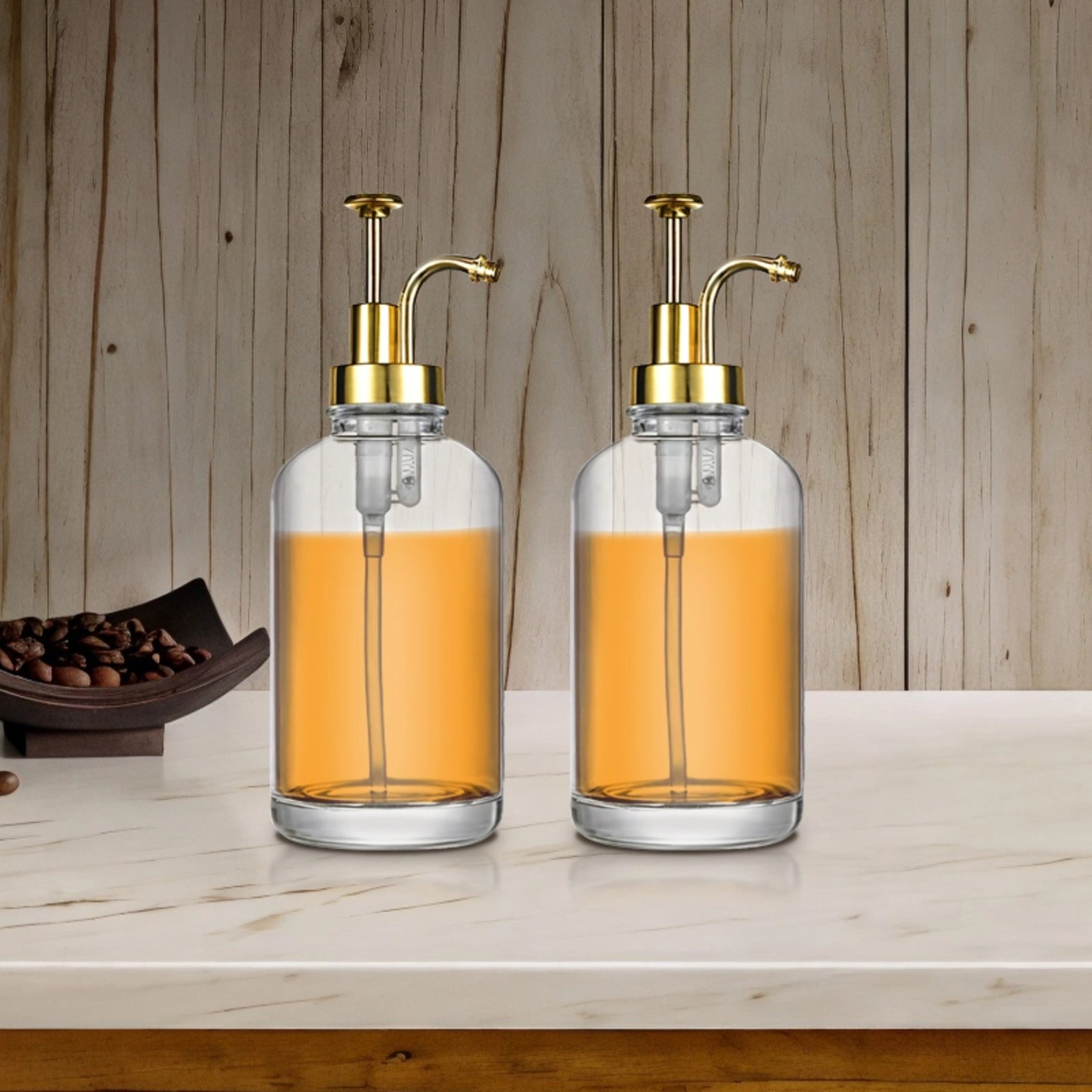 2 Pack Glass Coffee Syrup Dispenser with Pump – 8.66" Tall, Gold Pumps, Includes 2 Labels, Brush & Funnel, for Home Coffee Bar, Homemade Syrups & Beverage Station