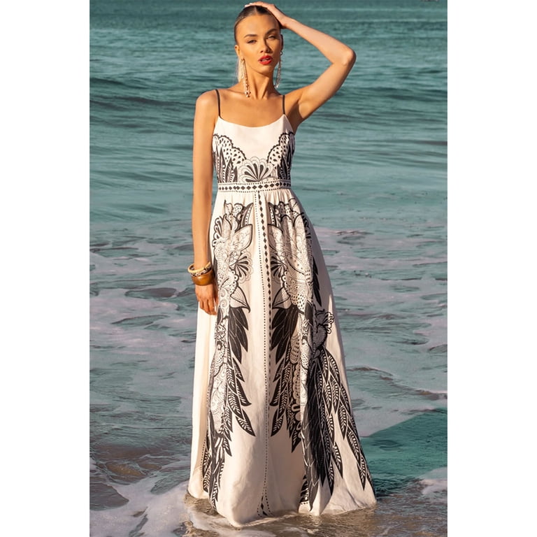 nautical evening dress 2026 New European and American Style Women's Nautical Print Spaghetti Strap  Midi Dress, A-Line Casual Summer Dress with Pockets