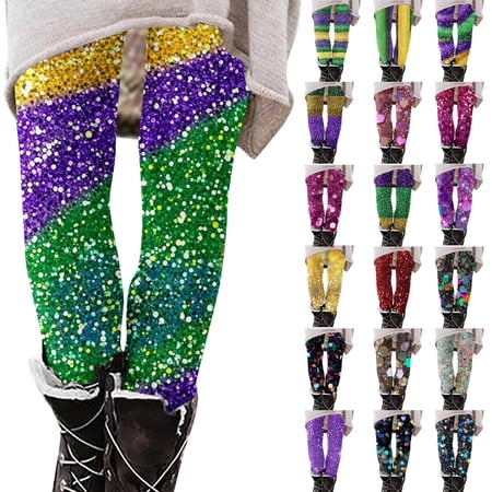 BiZtdJrK Mardi Gras Outfit for Women Full Length Leggings Sequin Color Block Graphhic Carnival Print Tight Trousers Festival Party Yoga Pants Multicolor XXL Sales Of The Day Clearance Prime