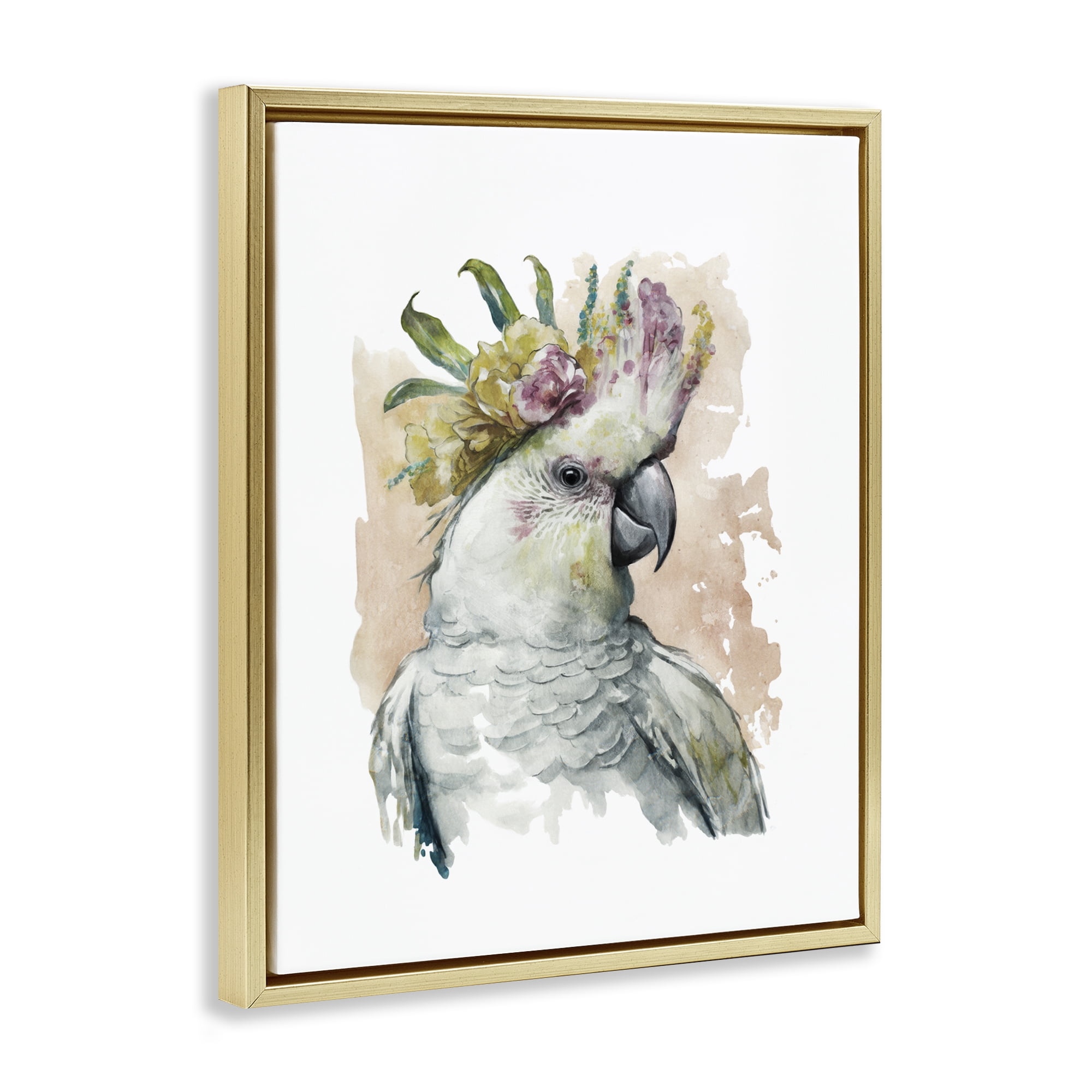 Stupell Industries Cockatiel with Pink Flower Animals Painting Gold Floater Framed Canvas Art Print Wall Art, 25 x 31