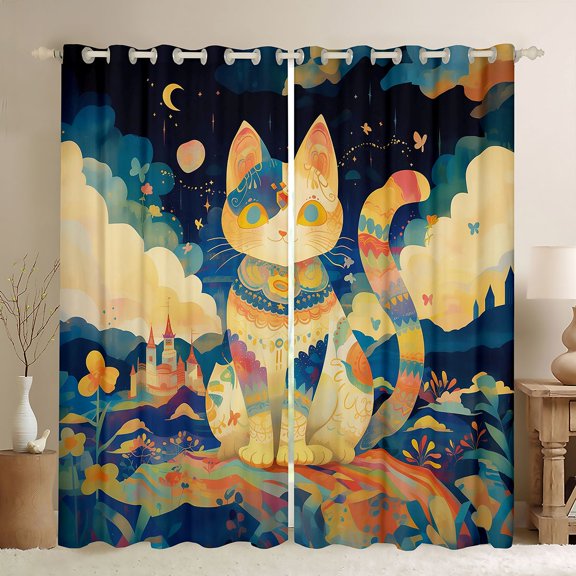 Homewish Boho Bohemain Style Blackout Curtains Set of 2 (52x84 Each),Retro Cat Kitten Window Curtains,Beige Blue Curtains and Drapes For Girl,Microfiber Bedroom Decor