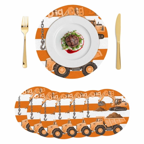 Orange Striped Truck Round 13 Inch Placemats Set of 6, Farmhouse Stripes Modern Art HeatResistant Non Slip Place Mats for Dining Table, Wipeable Braided Kitchen Table Mats for Housewarming
