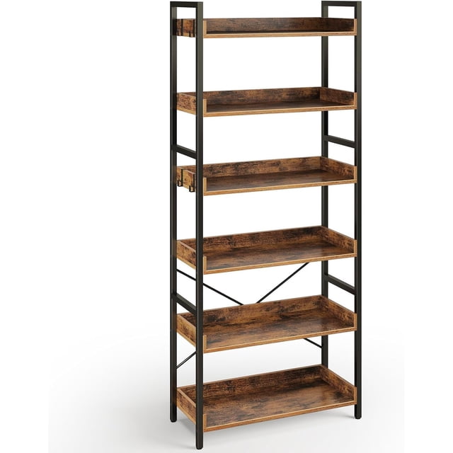 Rolanstar Bookshelf Tier with Hooks Industrial Wood Bookcase Vintage Storage Rack with Open Shelves Rustic Standing Bookshelves Metal Frame Display Rack for Living Room Bedroom