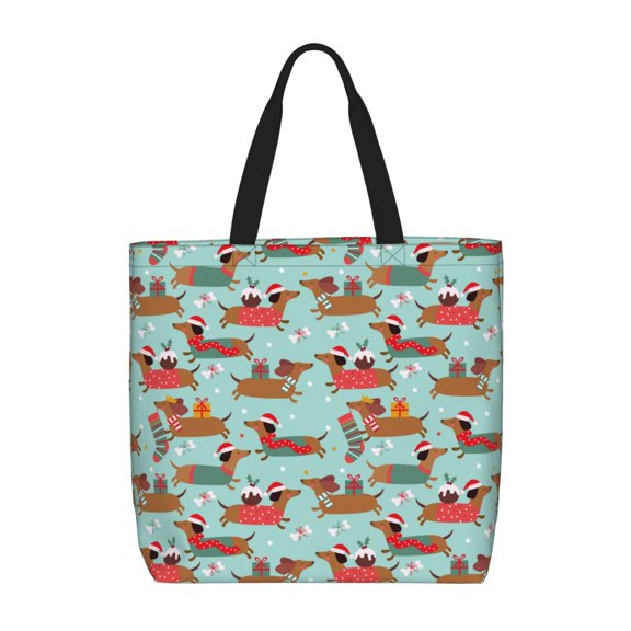 Hirioo Dachshund Christmas Play for Tote Bag for Women, Quilted Shoulder Bag with Zipper, Large Capacity Handbags for Casual, Travel, Work