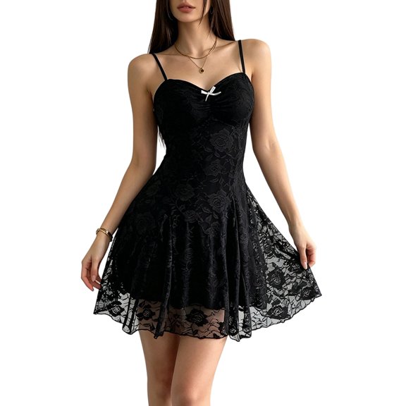 Women's Mini Dress Floral Spaghetti Strap Mesh Short Dresses Going Out Sundress Black XS