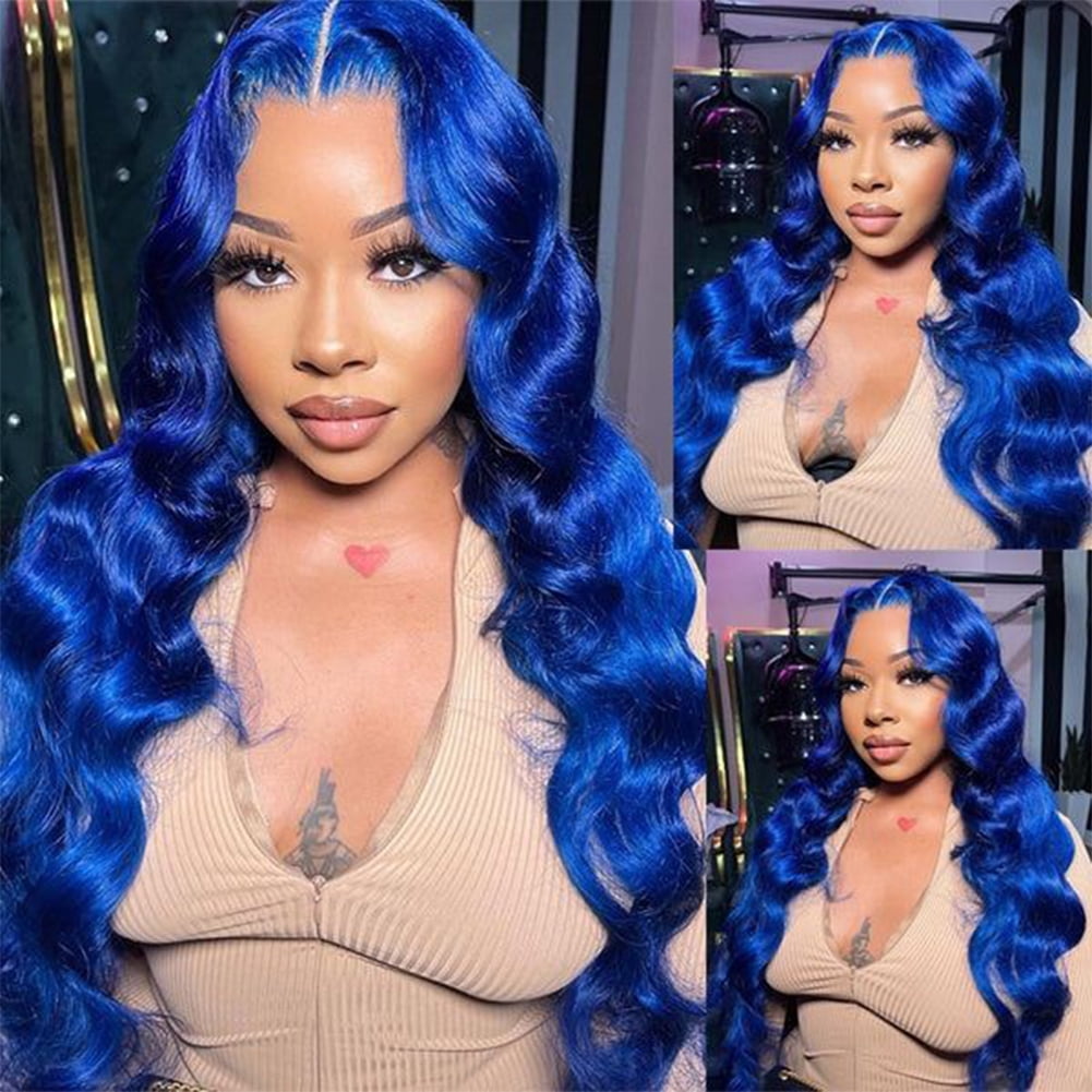 13x6 Lace Frontal Wig 32 Inch Blue Body Wave Synthetic Pre Plucked with Baby Hair Transparent Swiss Lace Heat Friendly Blue Colored Hair Lace Front Wigs for Women