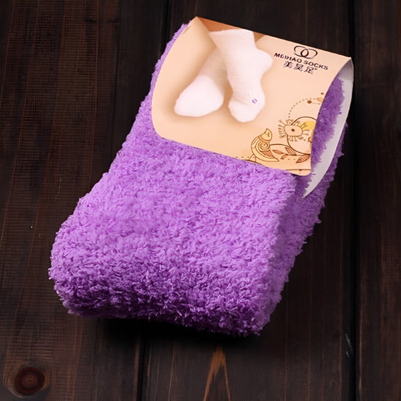 TELOLY Socks for Women, Crew Socks Home Women Girls Soft Bed Floor Socks Fluffy Warm Winter Pure Color Ankle Socks, No Show Socks Purple