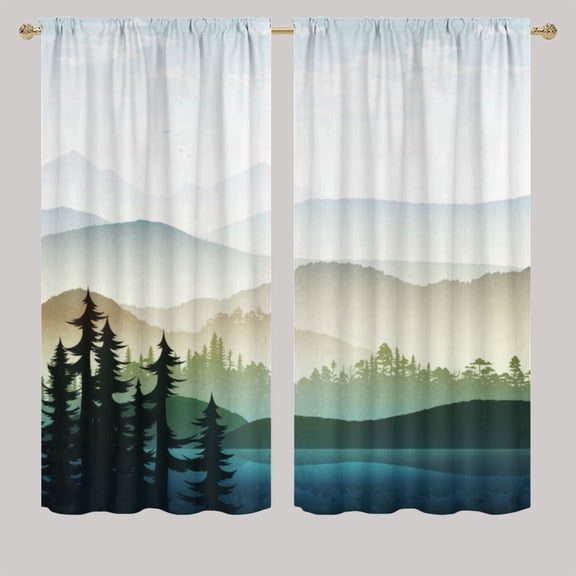 Misty Forest Rod Pocket Blackout Curtains Nature Scenery Foggy Mountain Rustic Tree Print Thermal Insulated Room Darkening Curtain Drapes for Kitchen W63 x L63 Inch
