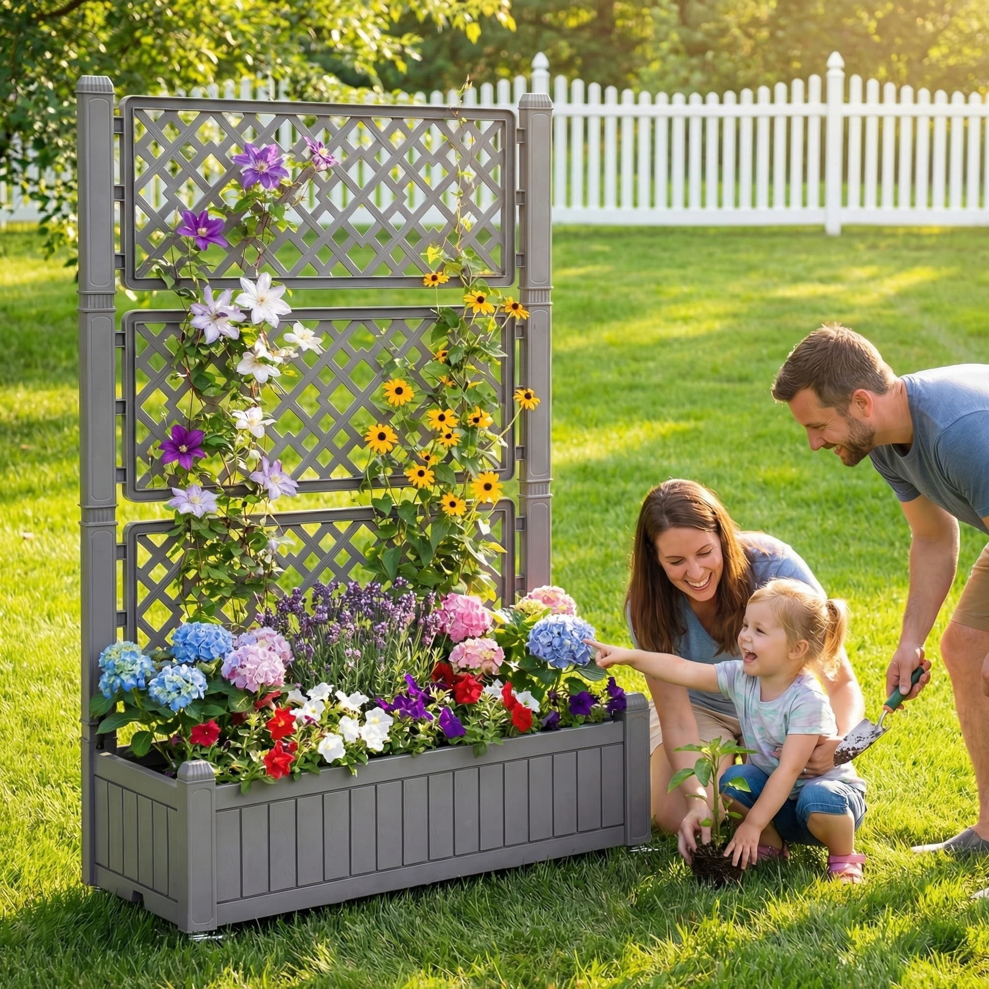 Uforic Outdoor 42.5x14.2x61 in Privacy Screen & Planter Box with Trellis, Raised Garden Bed with Wheels & Drain Plug, All-Weather Light Brown Planter for Climbing Plants, Flowers, Herbs