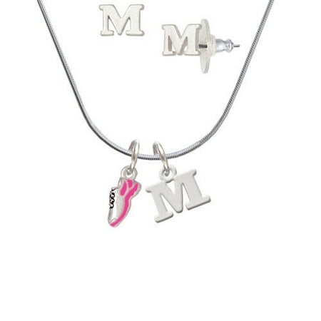 Mini Hot Pink Running Shoe – M Initial Charm Necklace and Stud Earrings Jewelry Set