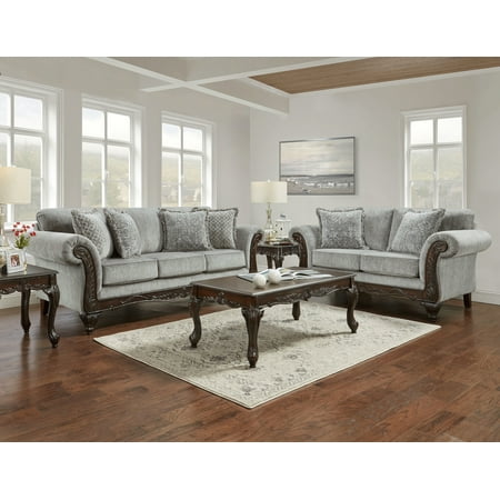 Sofa and Loveseat Set Gray Chenille Fabric and Wood Frame with Carved Espresso Accents Rolled Arms and High-Density Foam Padding for Primary Living Space Includes Fringe Pillows