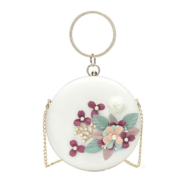 Sac Pochette de Soirée Floral, Pochette Brodée de Fleurs Perlées, Sac à Main Rond, Sac Bandoulière (Blanc)