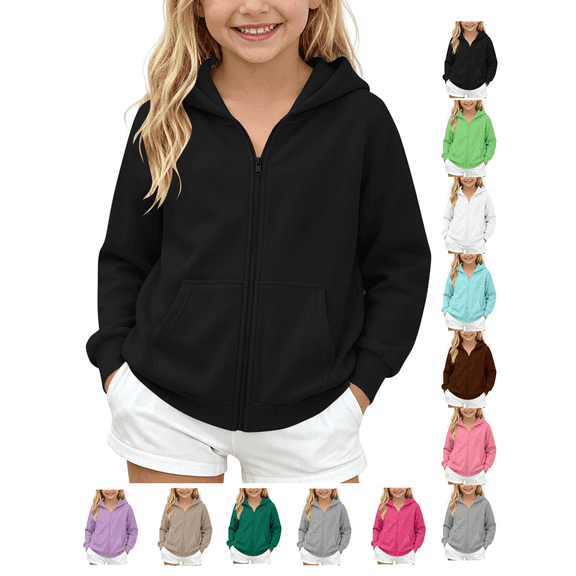 Kids Zip Up Hoodie Sweatshirt Loose Fitting Durable Solid Color Sweat Shirt Fashion Hooded with Pockets