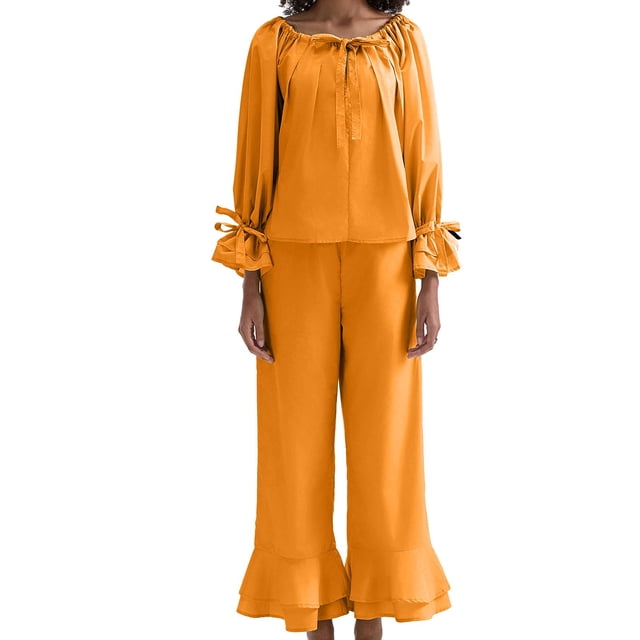 Womens Cotton Pajama Sets in Clearance Womens Pajama Sets 2 Piece Long Sleeve Loungewear Set Flared Pjs Set with Pockets Cute Soft Sleepwear Womens Pjs Sets Summer New Orange M