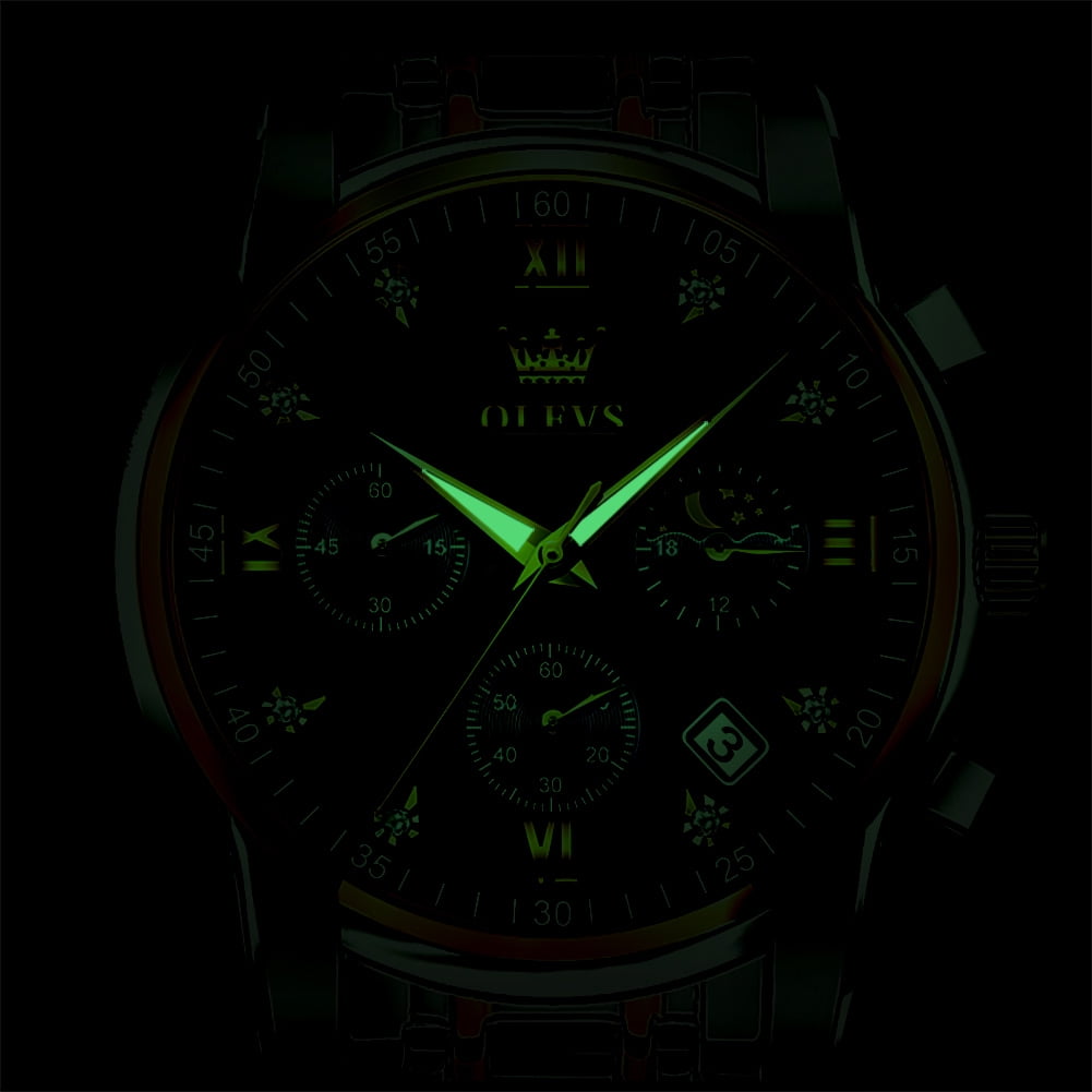 OLEVS Watches for Men Luxury Dress Casual Analog Quartz Gold Plated Stainless Steel Chronograph Moon Phase Waterproof Luminous Date Business Mens Wrist Watches Reloj Para Hombre