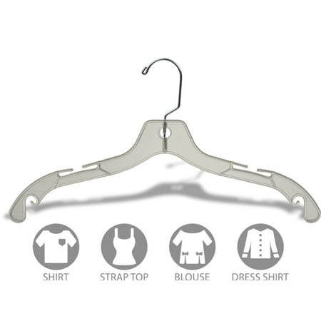 Sturdy Clear Plastic Top Hanger, Box of 100 Durable Space Saving Hangers w/ 360 degree Chrome Swivel Hook and Notches for Shirt or Dress, by International
