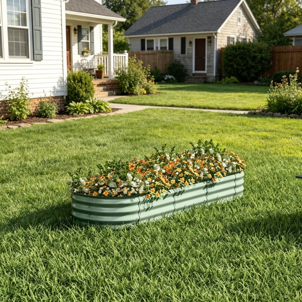 Green Galvanized Steel Raised Garden Bed, Modular Open-Bottom Planter with Rubber-Sealed Edge for Outdoor Gardening