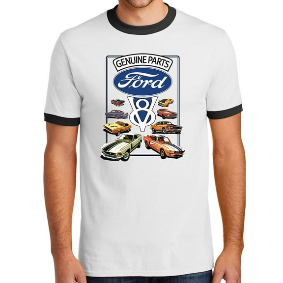 Mens Ford Genuine Parts V8 100% Cotton Ringer Tee Shirt, 4XL White/Black