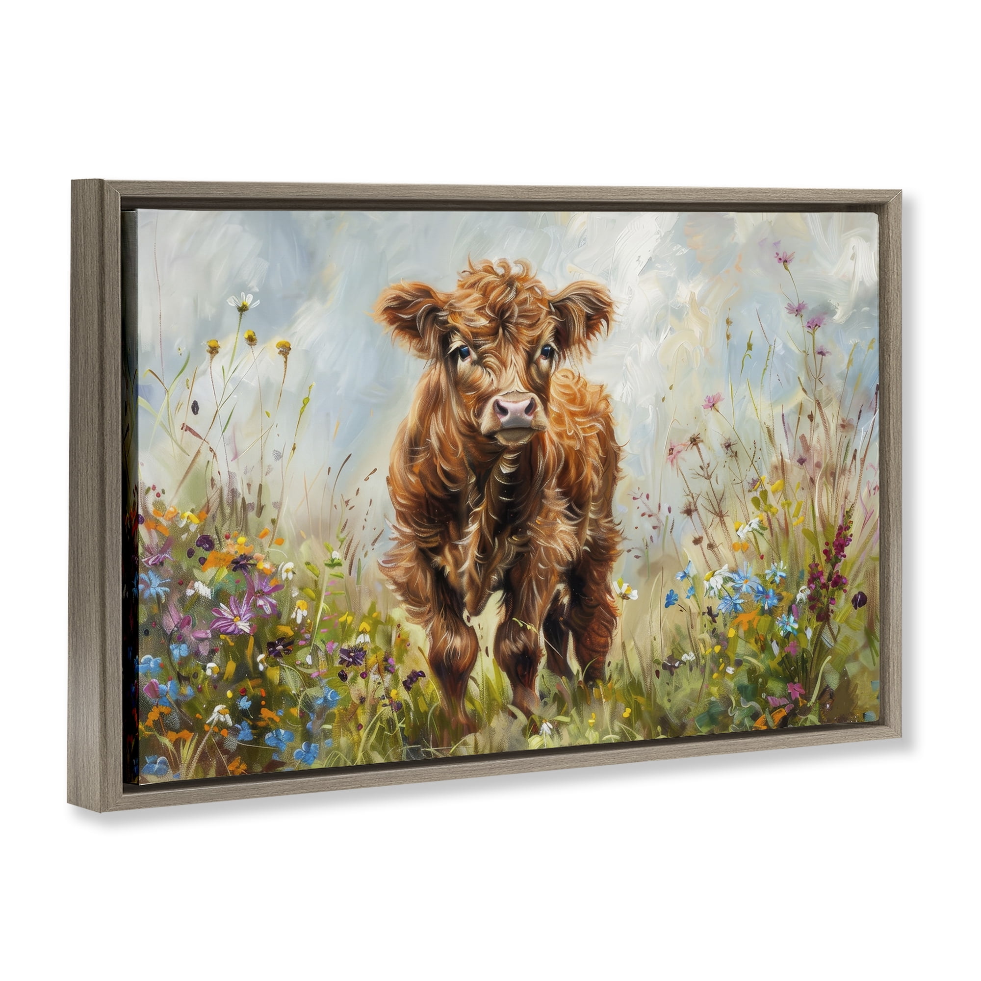 Stupell Industries Mountain Cow Scene Animals & Insects Painting Brown Floater Framed Canvas Art Print Wall Art, 31 x 21