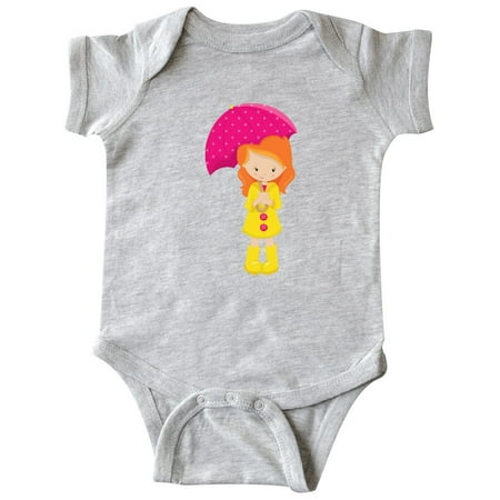 

Inktastic Girl With Orange Hair Yellow Raincoat Umbrella Gift Baby Girl Bodysuit