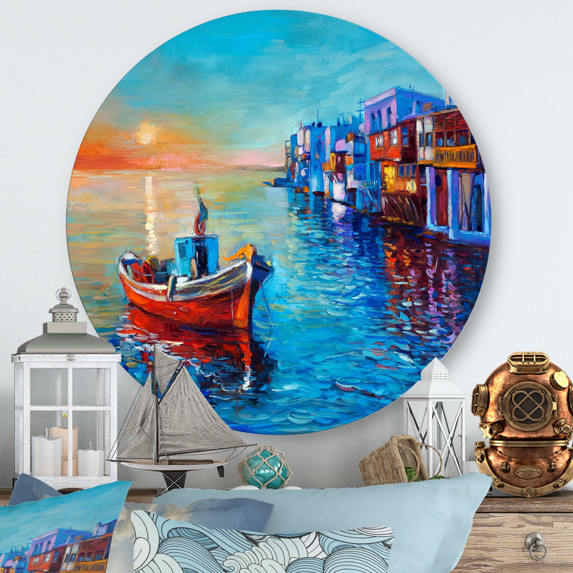 Designart 'Boats Near Coastal Town Resting On The Water I' Nautical & Coastal Circle Metal Wall Art 23x23 - Disc of 23