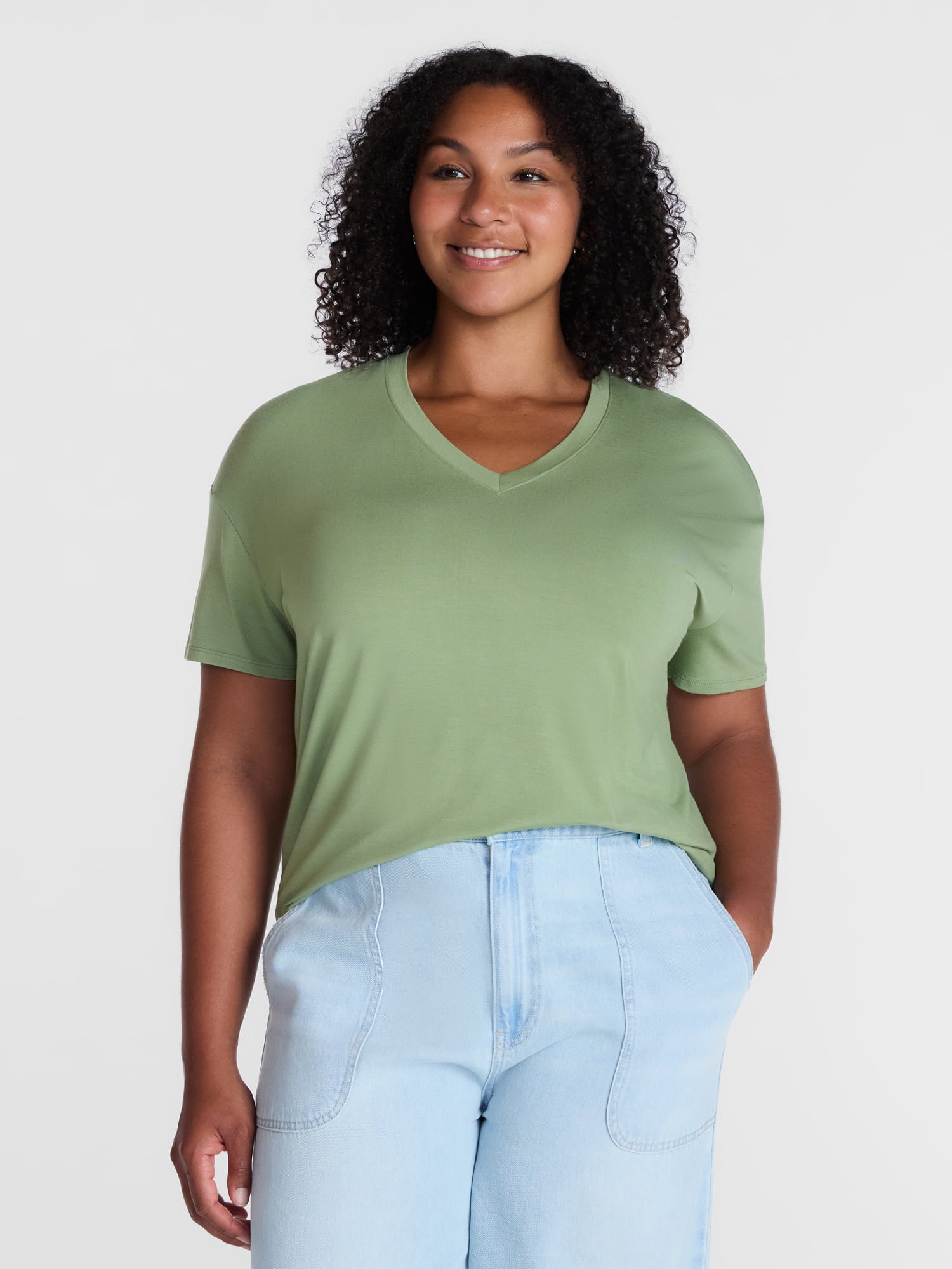 Time and Tru Women's V Neck Tunic Tee with Short Sleeves, Sizes XS-XXXL